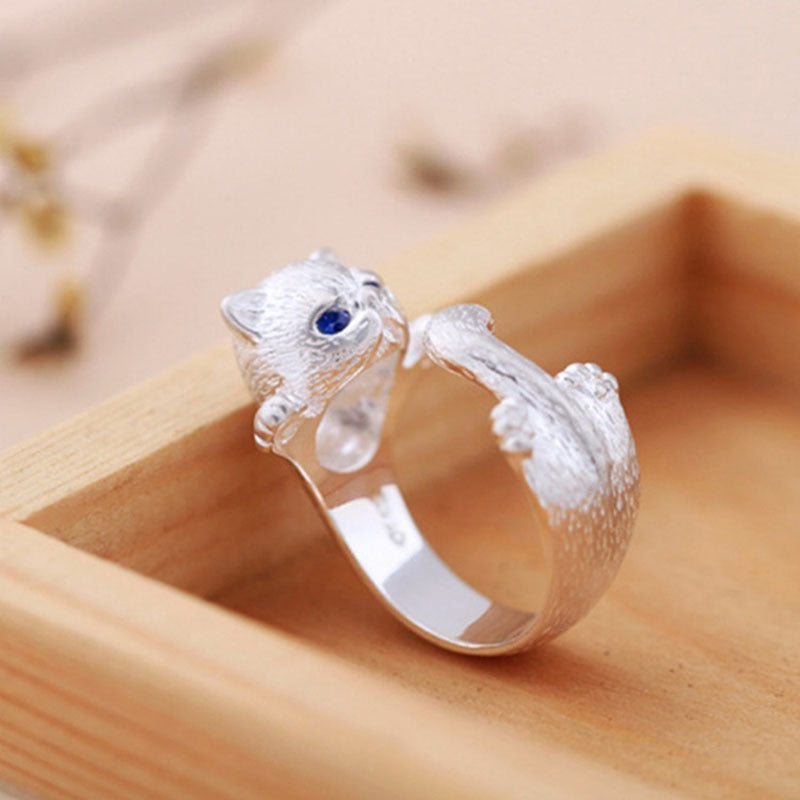 Hot Cute Lifelike Cat Opening Rings For Women Trendy Silver