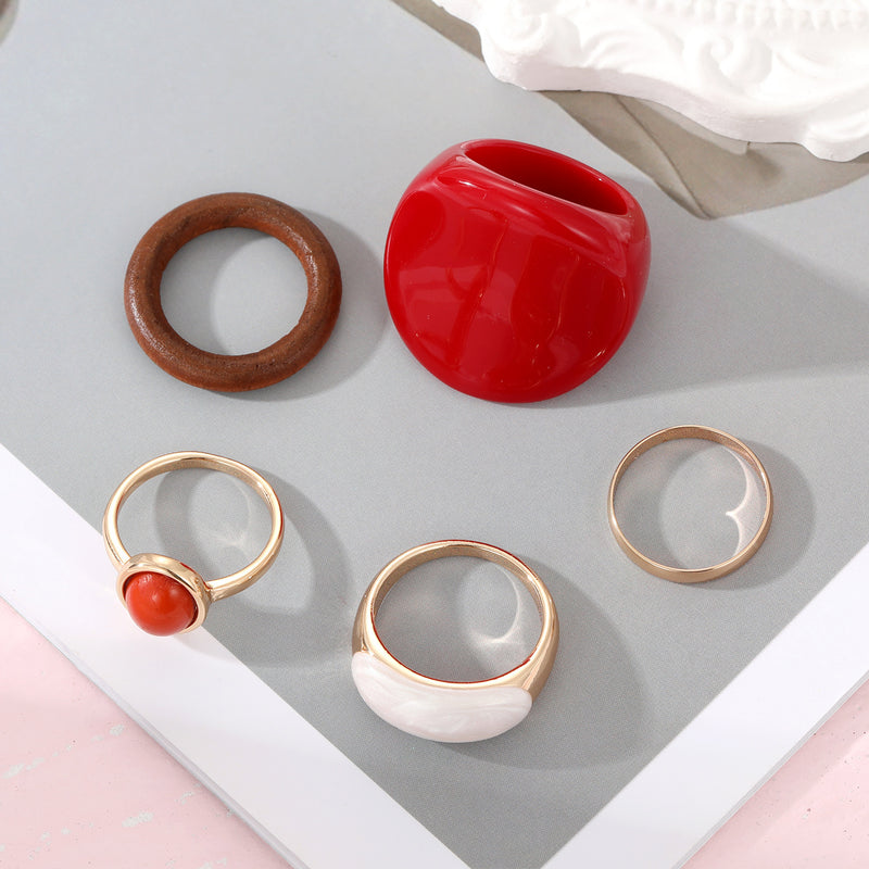 New Trendy Rings Set For Women Exaggerated Red Resin Enamel Wooden Geometric Finger Ring Punk Fashion Jewelry