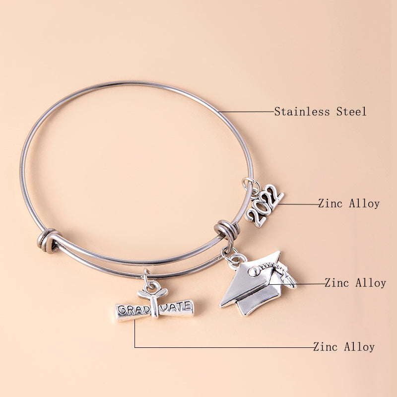 Graduate Cap Charm Bracelet Stainless Steel Adjustable Bangles For Women Graduation Jewelry Accessories