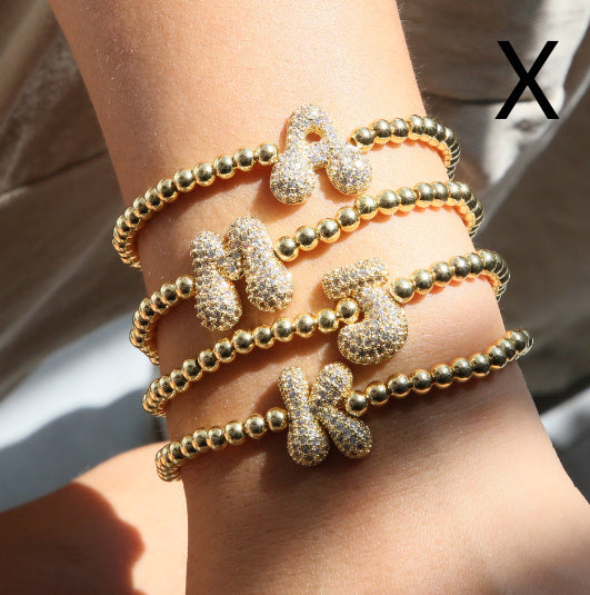 Fashion Jewelry 18K Balloon Bubble Zircon Letter Beaded Copper Bead Elastic String Bracelet