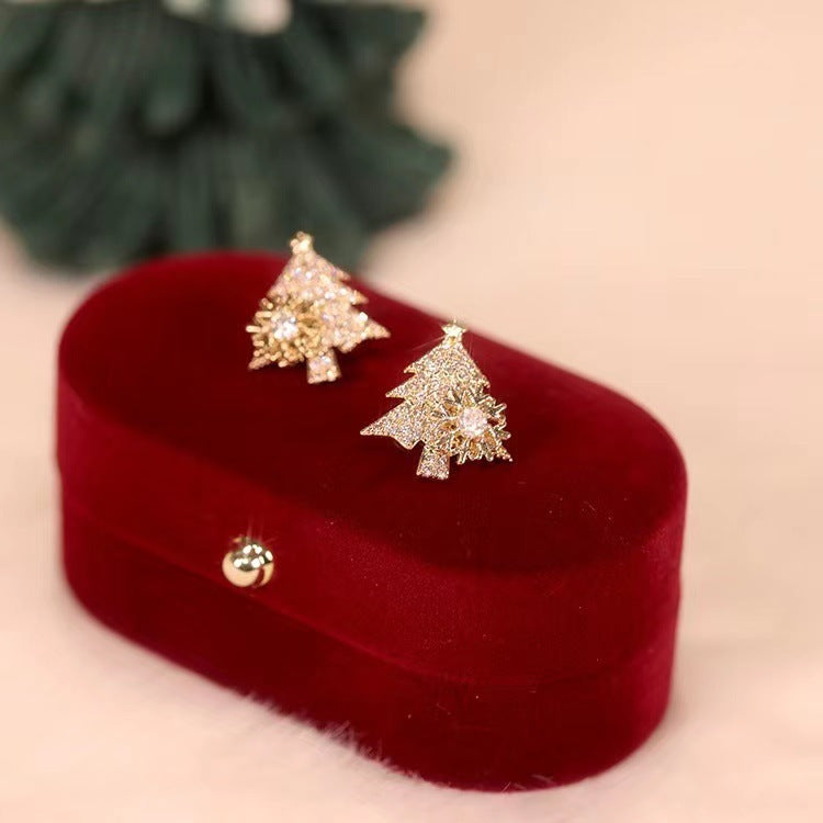 Rotatable Christmas Tree Earrings Shiny Rhinestone Snowflake Stud Earring New Year Xmas Festival Ear Jewelry Gifts Autumn And Winter