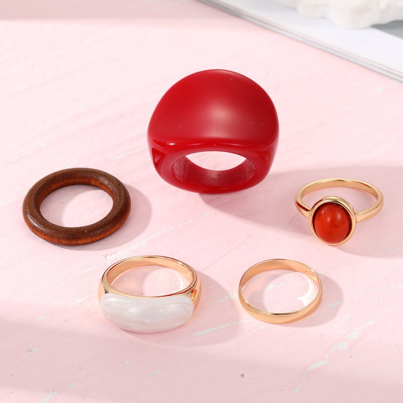 New Trendy Rings Set For Women Exaggerated Red Resin Enamel Wooden Geometric Finger Ring Punk Fashion Jewelry