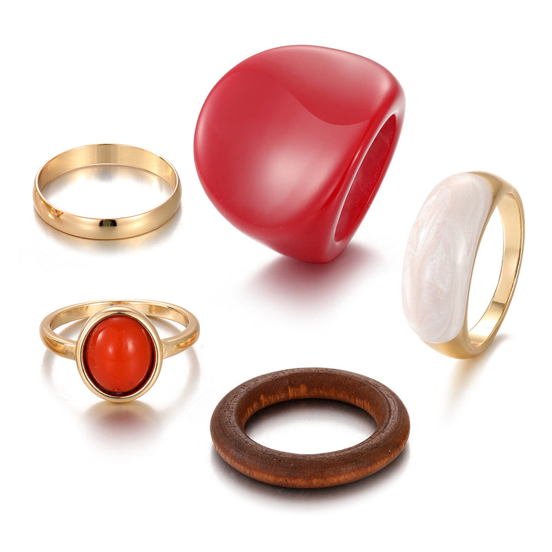 New Trendy Rings Set For Women Exaggerated Red Resin Enamel Wooden Geometric Finger Ring Punk Fashion Jewelry