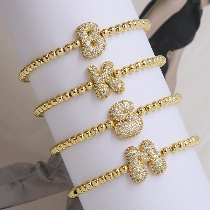 Fashion Jewelry 18K Balloon Bubble Zircon Letter Beaded Copper Bead Elastic String Bracelet